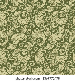 Seamless green background with olive pattern in baroque style. Vector retro illustration. Ideal for printing on fabric or paper for wallpapers, textile, wrapping. 