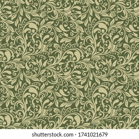 Seamless green background with olive pattern in baroque style. Vector retro illustration. Ideal for printing on fabric or paper for wallpapers, textile, wrapping. 