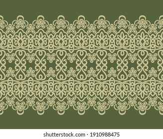 Seamless green background with olive pattern in baroque style. Vector retro illustration. Ideal for printing on fabric or paper for wallpapers, textile, wrapping. 