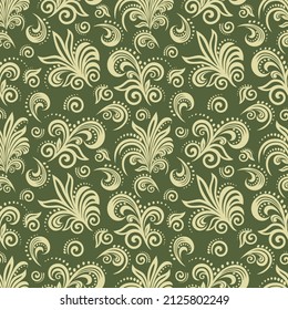 Seamless green background with olive pattern in baroque style. Vector retro illustration. Ideal for printing on fabric or paper for wallpapers, textile, wrapping. 