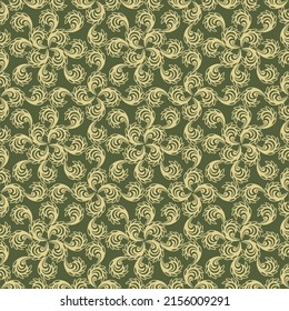 Seamless green background with olive pattern in baroque style. Vector retro illustration. Ideal for printing on fabric or paper for wallpapers, textile, wrapping. 