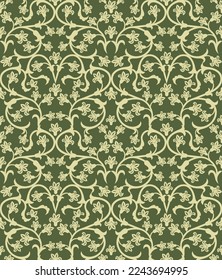 Seamless green background with olive pattern in baroque style. Vector retro illustration. Ideal for printing on fabric or paper for wallpapers, textile, wrapping. 