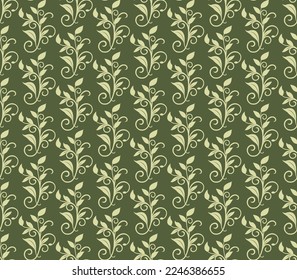 Seamless green background with olive pattern in baroque style. Vector retro illustration. Ideal for printing on fabric or paper for wallpapers, textile, wrapping. 