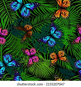 Seamless green background palm leaves with butterflies. Vector illustration