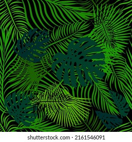 Seamless green background palm leaves. Vector illustration
