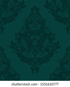 Seamless green background with pattern in baroque style. Vector retro illustration. Ideal for printing on fabric or paper for wallpapers, textile, wrapping. 
