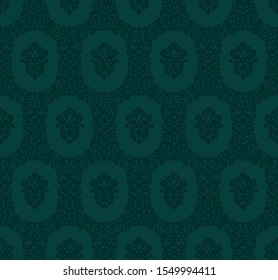 Seamless green background with pattern in baroque style. Vector retro illustration. Ideal for printing on fabric or paper for wallpapers, textile, wrapping. 