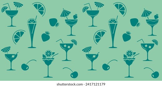 Seamless green background, pattern for the design of shop windows of a cafe, restaurant, kiosk, menu. Cocktails decorated with fruit.
