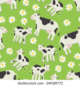 Seamless green background with a pattern of drawn cheerful white-black spotted cow, calf. Field of daisies