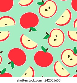 Seamless green background with a pattern of funny cartoon red apple