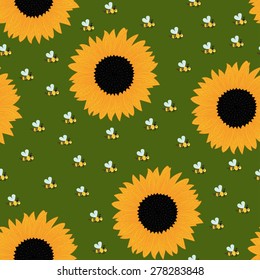 Seamless green background pattern with sunflowers and bees. Vector illustration  eps 10