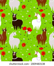 Seamless green background with red poppies, daisies and colorful animals (llamas) in glasses.