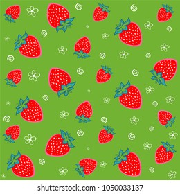 Seamless green background with red strawberries. Vector illustration