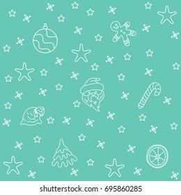 Seamless green background with stylized outline Santa Claus and christmas ornaments. Good for holiday greeting cards, print or wrapping paper