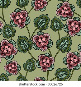 seamless green background with stylized pink flowers