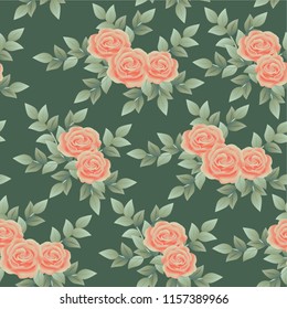 Seamless green background, vector can be repainted, pattern of pink roses and green leaves.