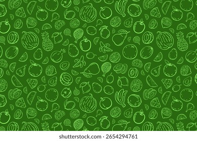 Seamless Green Background with White Fruit Illustrations in a Pattern Design