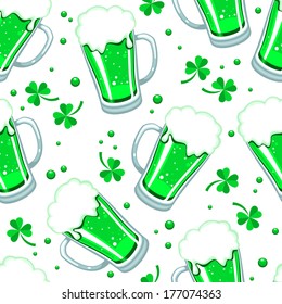 Seamless green beer pattern with clovers for St. Patrick's day