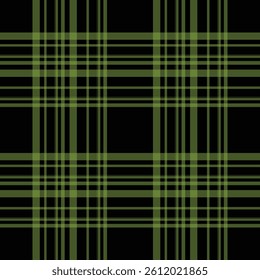 A seamless green and black tartan plaid pattern, perfect for use in textile design, apparel prints, digital backgrounds, and stylish fashion projects.