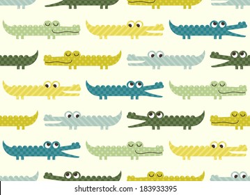 Seamless green and blue cute crocodile cartoon fabric textile pattern. Vector repeated background with alligators.