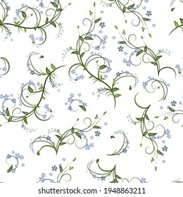 Seamless green and blue floral pattern on white background. Vector design.