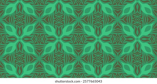 Seamless green and brown abstract floral pattern with symmetrical leaf shapes and intricate geometric designs, perfect for backgrounds, wallpapers, and textile prints