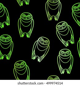 Seamless green burrowing owls over a black background. Vector EPS-10 file, no transparency used. 
