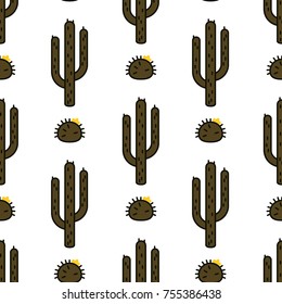 Seamless green cactus pattern, minimal linear style