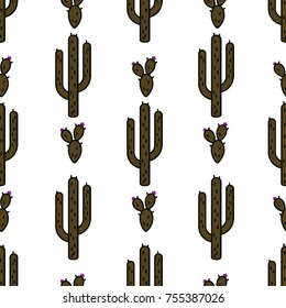 Seamless green cactus pattern, minimal linear style