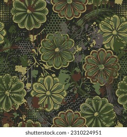 Seamless green camouflage pattern with chamomile flower,grunge paint brush strokes, abstract paint splatter, smudge, hexagon shapes. Good for apparel, fabric, textile, sport goods. Grunge texture
