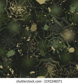 Seamless green camouflage pattern in grunge style with spiderweb, paint brush strokes, blots, round halftone shapes. Dense random chaotic composition. Good for apparel, fabric, textile, sport goods