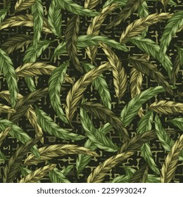 Seamless green camouflage pattern with intertwined feathers. Textured with small abstract shapes background. Dense composition with overlapping elements. Good for t-shirt design, textile, sport goods.