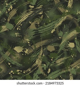 Seamless green camouflage pattern with paint brush strokes, blots, halftone, spatters Dense random chaotic composition. Good for apparel, fabric, textile, sport goods Grunge texture for surface design