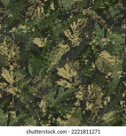 Seamless green camouflage pattern with PIXEL retro effect. Abstract paint brush strokes, smears, leaves. Army or hunting green masking ornament for clothing, apparel, fabric, textile, sport goods.