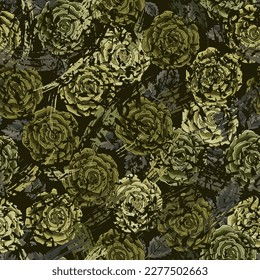 Seamless green camouflage pattern with roses. Cracked grungy surface. Good for clothing, apparel, fabric, textile, sport goods design. Detailed illustration in vintage style.