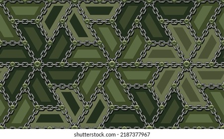 Seamless green camouflage pattern with steel cable chains. Geometric grid with pattern like propeller shape. Classic design. Vector illustration