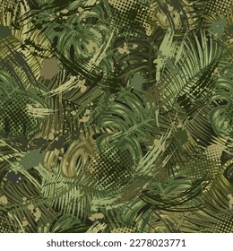 Seamless green camouflage pattern with tropical leaves, halftone shapes, paint brush strokes, blots. Good for apparel, fabric, textile, sport goods Grunge texture for surface design