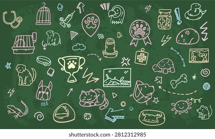 A seamless green chalkboard pattern of exotic pet veterinary care, reptile terrariums, and small rodent hamster doodles.