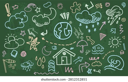 A seamless green chalkboard pattern showcasing global warming effects, thunderstorm floods, tsunami waves, and wind storms with arrow details.