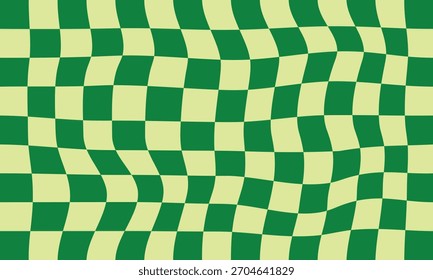 Fondo de patrón de tablero de ajedrez verde sin fisuras. Vector de textura a cuadros distorsionado. Abstractas fondo verde ondulado a cuadros. Fondo de pantalla de estilo retro de Antiguas para textiles, tela, papel de embalaje