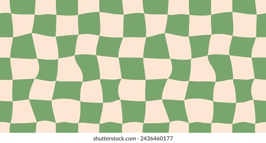 Seamless green checkerboard pattern. Repeating distorted checkered texture. Groovy trippy abstract background. Vintage retro style wallpaper for textile, fabric, wrapping paper. Vector check surface