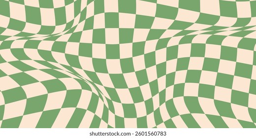 Seamless green checkerboard pattern. Repeating distorted checkered texture. Groovy trippy abstract background. Vintage retro style wallpaper for textile, fabric, wrapping paper. Vector check surface