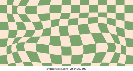 Seamless green checkerboard pattern. Repeating distorted checkered texture. Groovy trippy abstract background. Vintage retro style wallpaper for textile, fabric, wrapping paper. Vector check surface