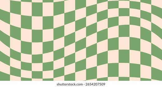 Padrão de tabuleiro de xadrez verde contínuo. Repetindo textura quadriculada distorcida. Fundo abstrato trippy Groovy. Papel de parede estilo retro vintage para têxtil, tecido, papel de embrulho. Superfície de verificação do vetor