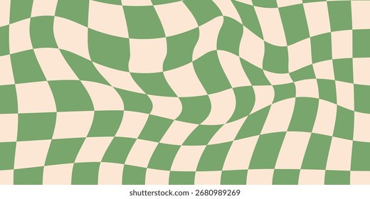 Padrão de tabuleiro de xadrez verde contínuo. Repetindo textura quadriculada distorcida. Fundo abstrato trippy Groovy. Papel de parede estilo retro vintage para têxtil, tecido, papel de embrulho. Superfície de verificação do vetor