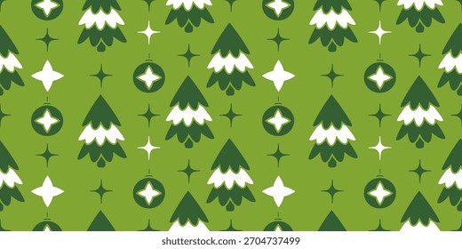 Seamless Green Christmas Pattern with Trees, Stars and Ornaments