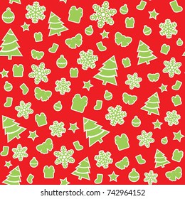 seamless green Christmas trees, snowflakes, star, socks, bells, and gifts with white stroke on red vector pattern background. Gift wrap. Christmas pattern