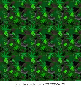 Nahtlose grüne Farbmuster mit Cannabis. Bildschirmhintergrund für Desktop, Design, Verpackung. Vektorgrafik