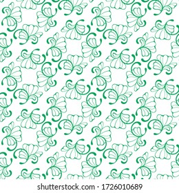 Seamless green colored decorative pattern with clover trefoil ornament and with stylized leaves and curls