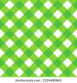 Seamless green colors gingham fabric cloth, tablecloth, pattern, swatch, background, or wallpaper with fabric texture visible. Diagonal repeat pattern. Single tile here.
